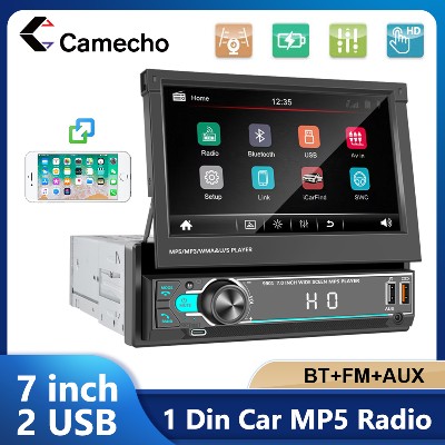 Camecho Din Autoradio Ekran Chowany MP5 Odtwarzacz Multimedialny 1Din Samochodowe Stereo Radio FM Bluetooth Mirrorlink USBTypeC AUX