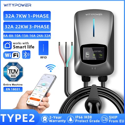 Stacja ładowania EV WityPower Type2 22KW 3fazowa kontrolą przez aplikację ładowarka do samochodów elektrycznych EVSE 7KW 32A 1fazowa terminal ładowania Wallbox