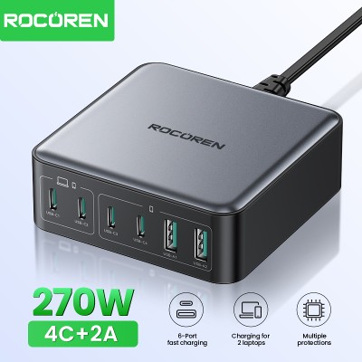Rocoren 200W GaN Charger PD Fast Charging USB Type Charger 270W in USBC Power Station For iPhone 16 15 Pro Max Xiaomi 14