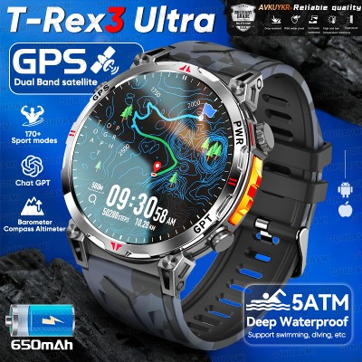 Nowy wojskowy smartwatch TRex3 Ultra GPS 2025 roku wbudowany kompas GPS wysokościomierz barometr wodoodporność 5ATM bateria 650mAh sportowa bransoletka męska