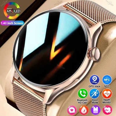 Smartwatch NFC 2026 Amoled HD GPS Monitorowanie Aktywności Sportowej Pomiar Tętna Połączenia Bluetooth Wodoodporny Damski Smartwatch Dla Kobiet Na Prezent