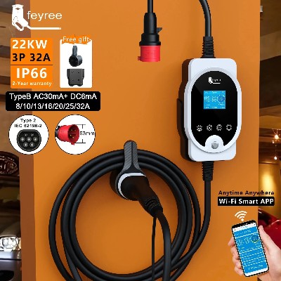 feyree 22KW Type2 Cable EVSE Wallbox Portable EV Charger 32A 3Phase WiFi APP Smart Fast Charging Station for Electric Vehicle