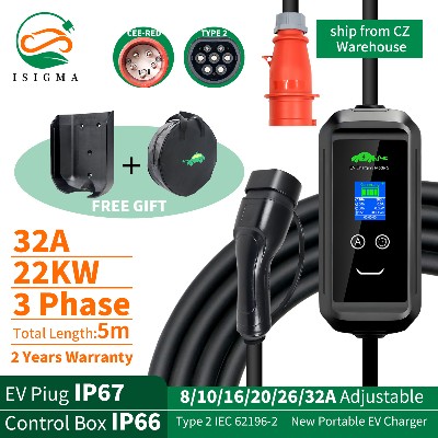 ISIGMA 32A 22kw Type2 Przenośna ładowarka EV IEC 621962 Tuya APP Timer EVSE Ładowanie Type2 Wtyczka Wallbox Samochód elektryczny Kabel 5M