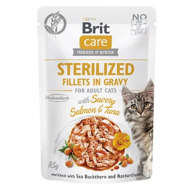 BRIT CARE Fillets in Gravy Pouch Sterilized Savory SalmonampTuna 24x85g łososiem tuńczykiem dla kotów sterylizowanych