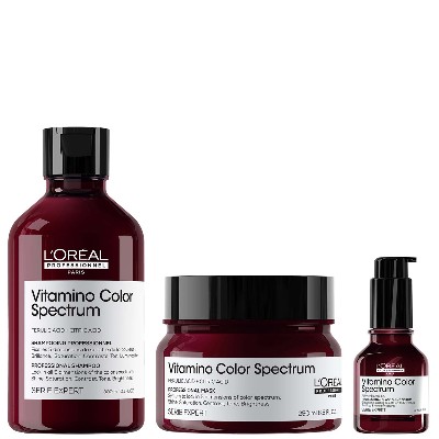 LOréal Professionnel Vitamino Color Spectrum Shampoo 300ml Rinse Off Hair Mask 250ml and Serum 50ml Bundle for Coloured Hair