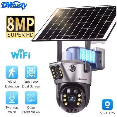 DWiusty Kamera Solarna 4K 8MP Podwójnym Ekranem Karta Pamięci 256G Zewnętrzna Bezprzewodowa WiFi Kamera Podwójnym Obiektywem Ochrona Bezpieczeństwa Automatyczne Śledzenie