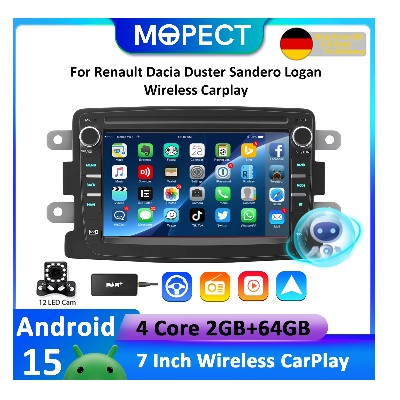 ESSGOO Android 15 2G 64G Bezprzewodowy Carplay Radio Samochodowe Odtwarzacz Multimedialny do Renault Dacia Duster Sandero Logan GPS WiFi RDS