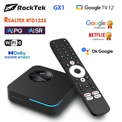 RockTek GX1 UHD Google TV 14 Box Netflix Certyfikowany przez Google 4GB 32G Realtek1325 Obsługa Dolby Atmos 2T2R Wifi6 BT52 Android TV Box