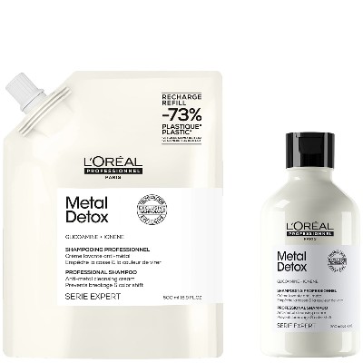 LOréal Professionnel Metal Detox Shampoo 300ml and Refill Pack 500ml for breakage colour protection