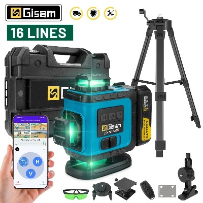 Poziomica laserowa Gisam 16 linii 4D ze statywem linia Samopoziomująca 360 Pozioma pionowa krzyżowa miarka światła Mocna wiązka