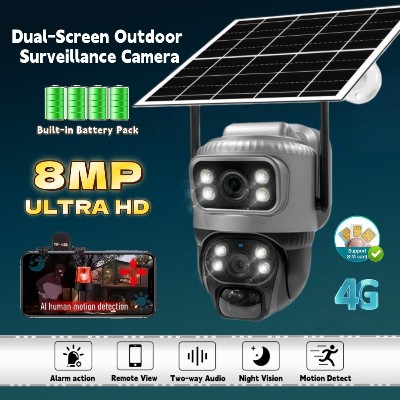 Zewnętrzna kamera bezpieczeństwa 4G podwójnym obiektywem zasilana energią słoneczną 8MP 4K 360 stopni Kamera domowa kolorowym trybem nocnym łatwa instalacja alarm PIR CCTV