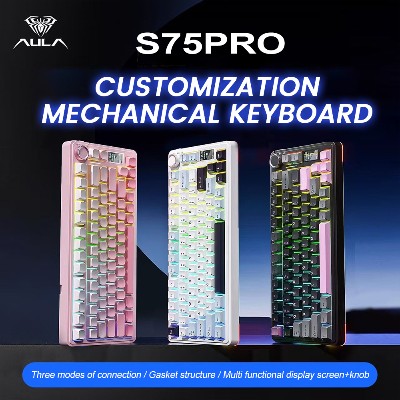 AULA S75 Pro Gamingowa klawiatura mechaniczna 75 możliwością wymiany podświetlenia RGB 4000 mAh Nakładki na klawisze PBT Bezprzewodowa klawiatura pokrętłem ekranu LED