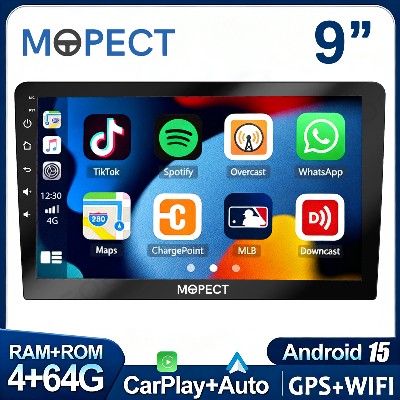 MOPECT 9calowy DIN Android 15 464G Radio Samochodowe Multimedialne Uniwersalne CarPlay Android Auto Nawigacja GPS Radio AM DAB Kamera Samochodowa