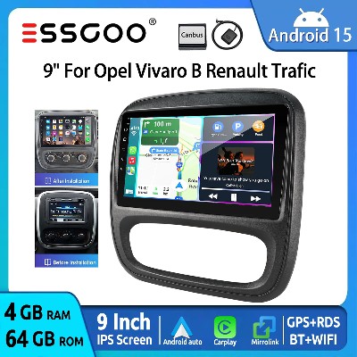 ESSGOO 9calowy Android 15 464GB Radio Samochodowe GPS Navi do Opel Vivaro Renault Trafic Nissan NV300 Carplay Android Auto BT FM SWC RDS