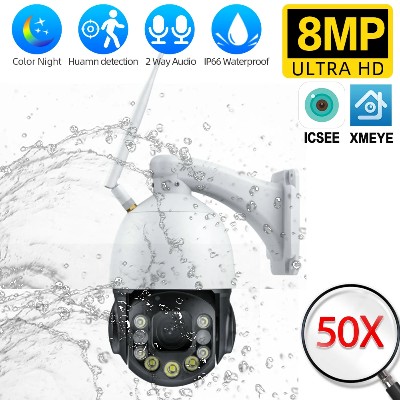 Kamera IP PTZ 8MP 4K Bezprzewodowa WiFi Zewnętrzna CCTV Kolorowym Widzeniem Nocnym 50krotnym Zoomem Wykrywaniem Ludzi AI Obsługą ICSEE