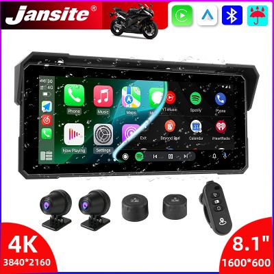Jansite Przenośny 81calowy Wodoodporny Rejestrator Motocyklowy 4K DVR GPS Bezprzewodowym Carplay Android Auto Monitorem Klasy Ochrony IP67
