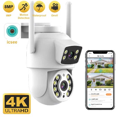 Podwójny obiektyw 8MP 4K podwójnym ekranem Kamera PTZ WiFi Ai Automatyczne śledzenie człowieka Bezprzewodowa zewnętrzna kamera monitorująca Aplikacja iCSee