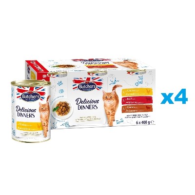 BUTCHERS Delicious Dinners Cat Meaty selection in Jelly 4x6x400 kawałki galarecie kurczakiem wołowiną dziczyzną dla kota