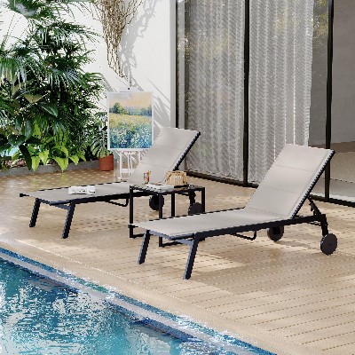 Zestaw leżaków tekstylnych bocznym stolikiem leżanki ogrodowe kółkami leżanka basenowa 5stopniową regulacją oparcia
