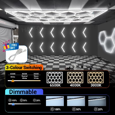 Możliwość przyciemniania sześciokątne światła garażowe zmiana koloru 6000K4000K3000K siłownia świetlówka LED strukturze plastra miodu detale samochodu warsztat fryzjer oświetlenie sufitowe