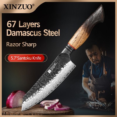 XINZUO Nóż Santoku 57 cala stal damasceńska 67warstwowa twardość 602 HRC rękojeść białego dębu G10 czerwonym model 15 Krawędzie Pudełkiem Prezentowym
