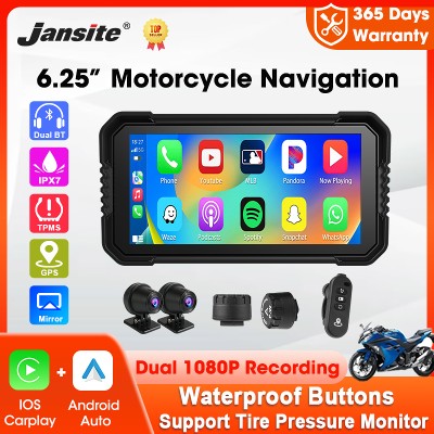 Jansite Przenośna nawigacja motocyklowa GPS 625 cala bezprzewodowy Carplay Android Auto rejestrator jazdy DVR monitor motocyklowy wodoodporność IPX7