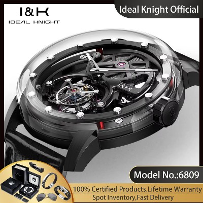 IDEAL KNIGHT 6809 Zegarki Męskie Prawdziwym Tourbillonem Luksusowe Przezroczyste Ażurowe pełni Automatyczne Mechaniczne Zegarki na Rękę Nowe
