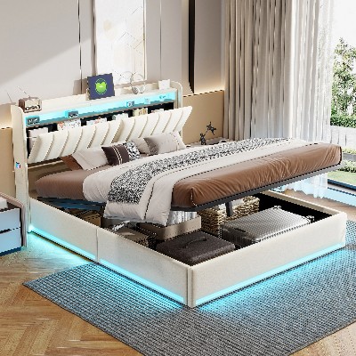 Łóżko hydrauliczne Rosahqnda LED USB zagłówek przestrzenią do przechowywania rama łóżka aksamitnym wykończeniem 90140160 cm bez materaca