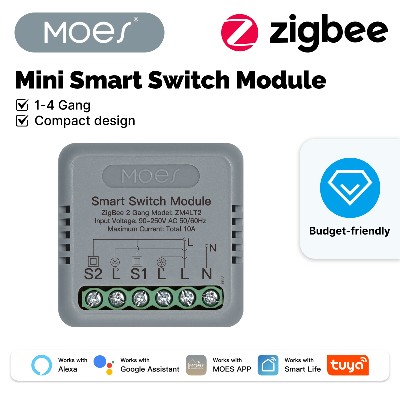 Inteligentny przełącznik Zigbee Moes Gang ZM4LT1 ZM4LT2 Mini Relay współpracuje Alexa Google Home zdalne sterowanie timerem 90250V AC