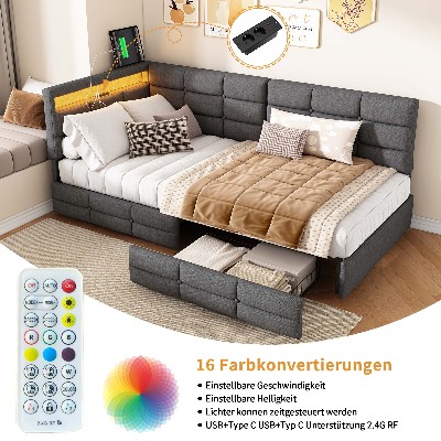 Sofa rozkładana Rosahqnda 90x200cm tapicerowana oświetleniem LED USB hydrauliczne łóżko jednoosobowe łóżko młodzieżowe łóżko szufladą tkanina welurowalniana
