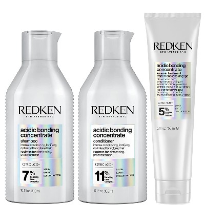 Redken Acidic Bonding Concentrate Shampoo Conditioner and Leavein Treatment Bond Repair Bundle