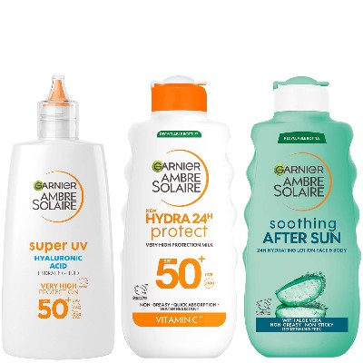 Garnier Ambre Solaire SPF50 Suncream Face Body Aftersun Bundle