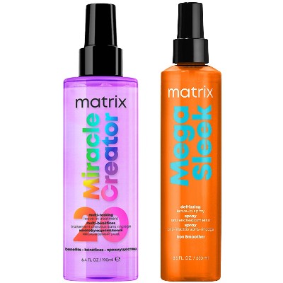 Matrix Mega Sleek Iron Smoother For AntiFrizz and Humidity Protection Miracle Creator 20 Benefits Hair Treatment Spray Bundle