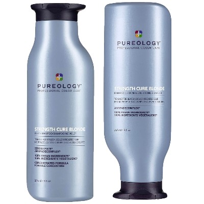 Pureology Strength Cure Blonde Shampoo and Conditioner Strengthening Bundle for Damaged Blonde Hair with Vegan Formulas
