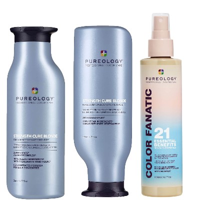 Pureology Strength Cure Blonde Purple Shampoo Conditioner and Color Fanatic Spray Routine for Toning Brassy Hair
