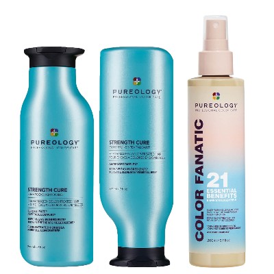 Pureology Strength Cure Shampoo Conditioner and Color Fanatic Spray Routine for Damaged Hair