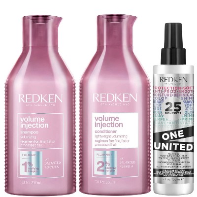 Redken Volume Injection Shampoo Conditioner and One United Treatment Spray Routine for FineFlat Hair
