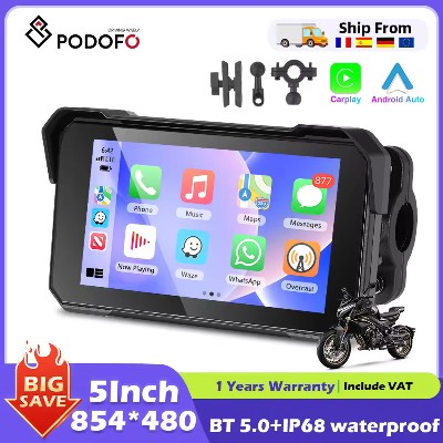 Podofo Ekran IPS Bezprzewodowy Carplay Monitor Motocyklowy Nawigacja GPS Android Auto Przenośny Smart Player Wodoodporny IP68