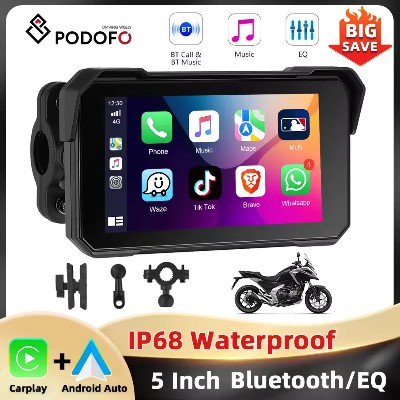 Podofo Ekran IPS Motocyklowy Carplay Android Auto Regulacja Jasności IP68 Wodoodporny Bluetooth 50 Inteligentny Odtwarzacz Ekranowy