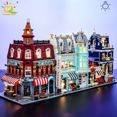 HUIQIBAO zabawki MOC City Corner kawiarnia styl architektury widok ulicy mikro klocki dla dzieci klocki konstrukcyjne