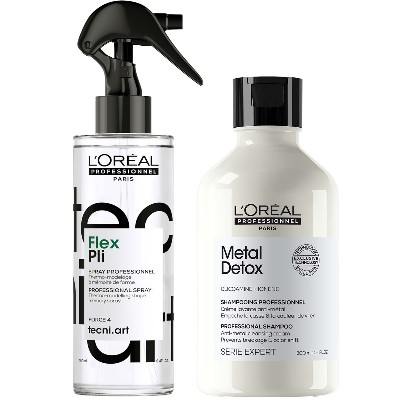 LOréal Professionnel Pros Favourites Duo Metal Detox Shampoo for Hard Water Tecni Art Pli Hair Volumising Memory Styling Spray