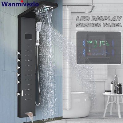 Łazienka LED Light Rain Waterfall Panel prysznicowy Kran Dysze do masażu ciała Bateria prysznicowa Wylewka wannowa ze stali nierdzewnej Kolumna prysznicowa