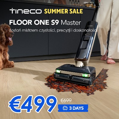 Odkurzacz do podłóg Tineco Floor ONE S9 Master do pracy na mokro sucho technologia StreakFree Puller technologia ThermoBlast Tech funkcja mycia gorącą wodą super płaska obudowa 99 cm moc